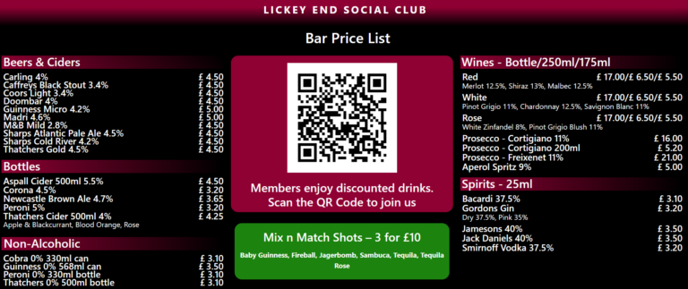 bar price list